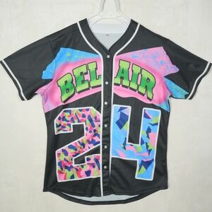Bel Air 24 Baseball Jersey Mens XXL Black Neon 90s Retro Graphic‎ Mesh Button Up